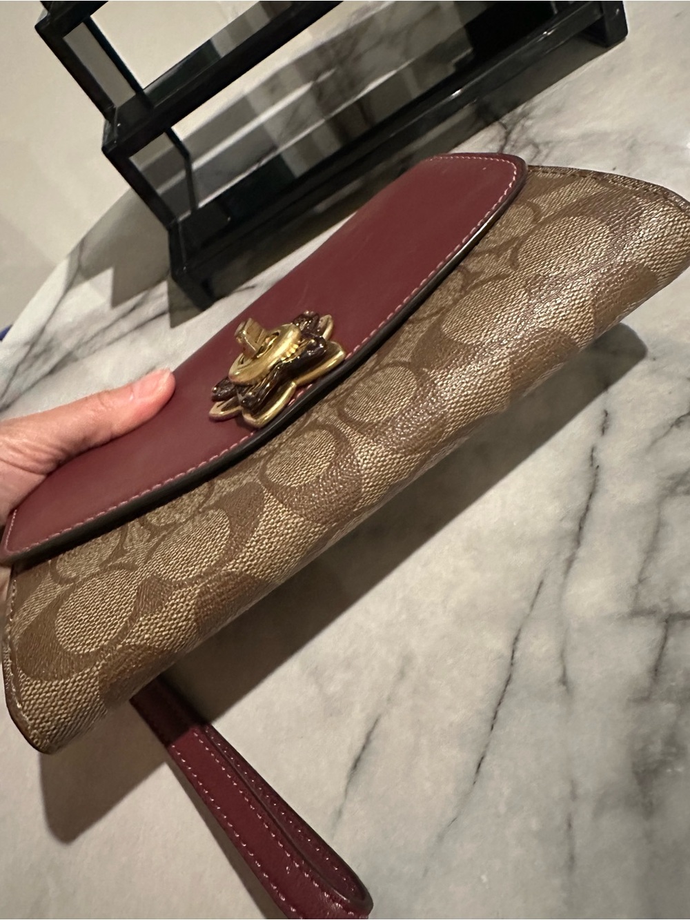 Coach Brown Signature Monogram Clutch with Burgundy Trim - Picture 7 of 16